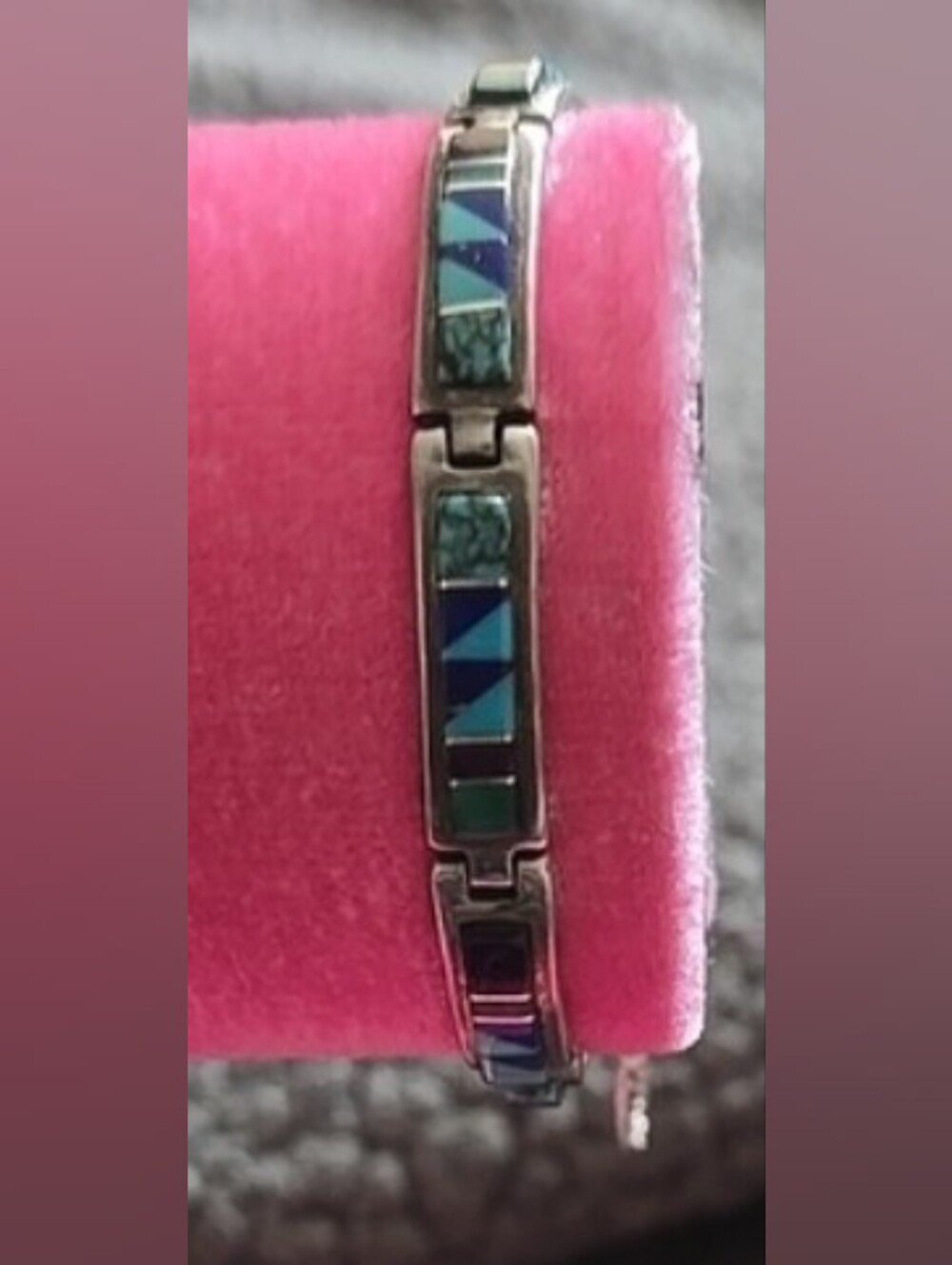 925 Sterling SILVER Link Bracelet with Blue-Green Geometric Inlay